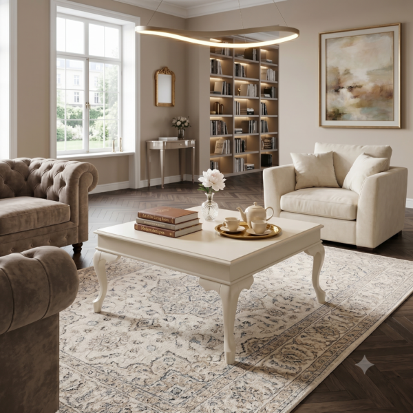 Vigo Kırık Beyaz Klasik Oymalı Ahşap Ayaklı Kare Orta Sehpa 82x82x46 cm