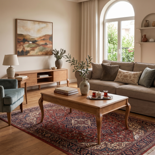 Siena Oymalı Ahşap Ayaklı Açık Ceviz Rengi Dikdörtgen Salon Orta Sehpa 114x74x48 cm