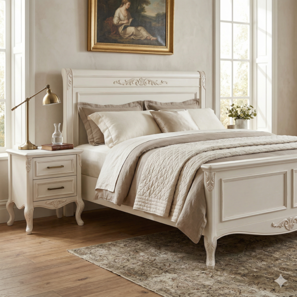 Lecce Komodin Kırık Beyaz Eskitme Oymalı Masif Ahşap İki Çekmeceli Yatak Odası Komodini 56x42x66 cm