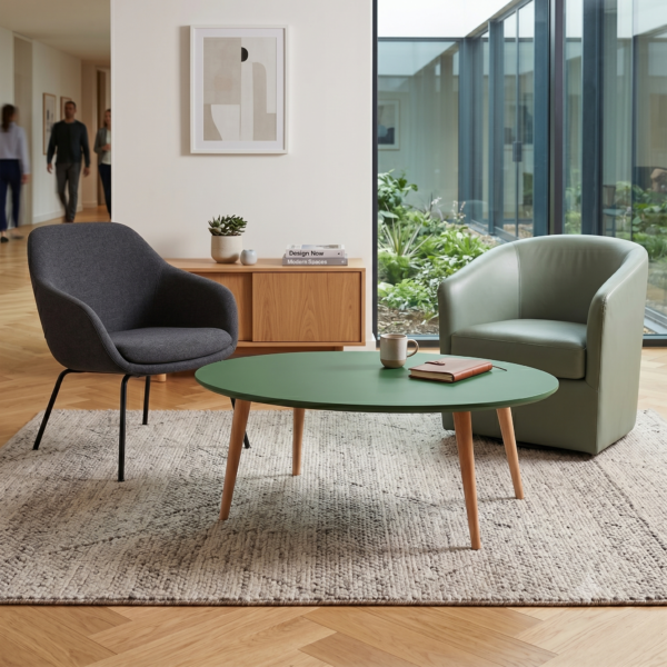 Alpes Orta Sehpa Yeşil MDF Tablalı Doğal Ahşap Açık Ceviz Ayaklı Oval Salon Sehpası 115x70x41Y cm