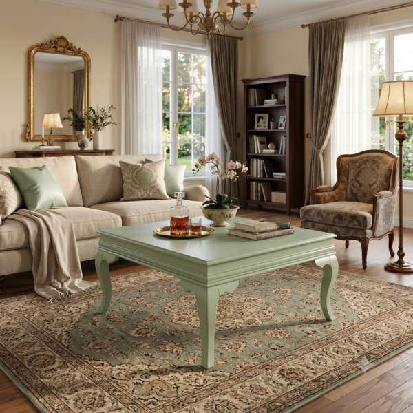 Narni Orta Sehpa Masif Ahşap Ayaklı Oymalı Klasik Tasarım Mint Yeşil Salon Sehpası 91x91x48 cm
