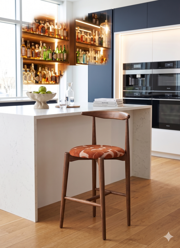 Sarre Açık Ceviz Masif Ahşap Ayaklı Desenli Keten Kumaş Oturma Alanlı Modern Bar Sandalyesi 53x45x99 cm