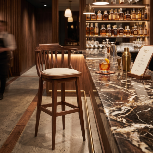 Vasto Bar Sandalyesi Ceviz Rengi Masif Ahşap Kollu Krem Döşemeli Ergonomik Tasarım Bar Sandalyesi 54x42x106Y cm