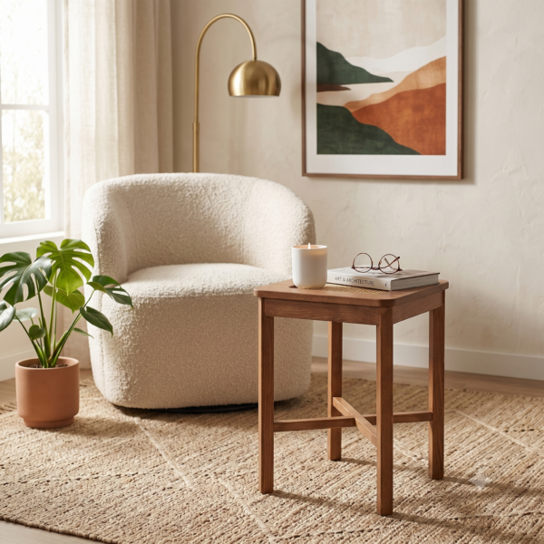 Guana Yan Sehpa – 10750 Açık Ceviz Rengi Masif Ahşap Ayaklı Kare Hasır Rattan Detaylı Çok Amaçlı Servis ve Dekorasyon Sehpası 42x42x60Y cm