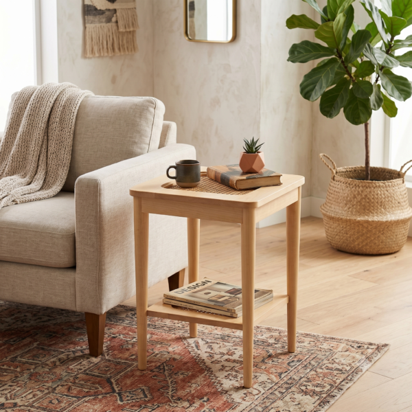 Breta Yan Sehpa Natürel Masif Ahşap Rattan Örgü Detaylı Kare Köşe Sehpası 42x42x60 cm