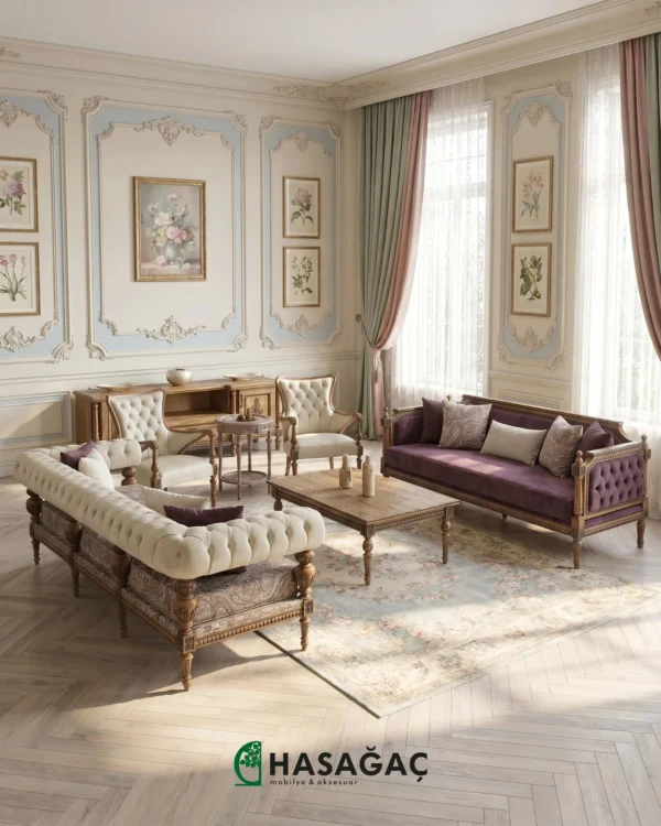 Yıldız Koltuk Takımı Lüks Kadife ve Jakarlı Desenli Döşemelik Kumaşlı Ceviz Eskitme Oyma Detaylı Masif Ahşap Ayaklı Krem Bej ve Mor Renk Kombinasyonlu Kapitoneli Klasik Salon Takımı Chester Kanepe 250 cm, Üçlü Koltuk 240 cm
