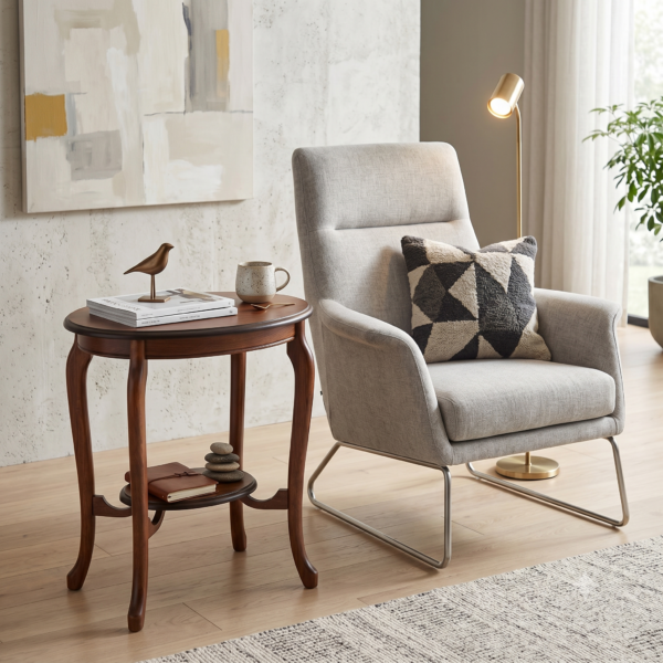 Narta Yan Sehpa Oval Üst Tablalı Ceviz Rengi Klasik Ahşap Ayaklı Dekoratif Salon ve Oturma Odası Sehpası 60x43x71Y