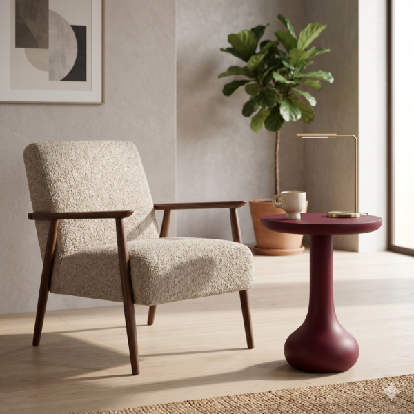 Torre Bordo Yuvarlak Tablalı Modern Tasarım Mat Boyalı Ahşap Yan Sehpa Ø 50 cm x 55 cm Yüksekliğinde
