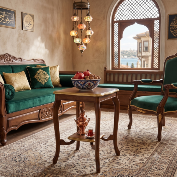Dova Yan Sehpa – 8250 Ceviz Rengi Masif Ahşap Oymalı Klasik Alt Raflı Salon Yan Sehpa 41x41x60 cm