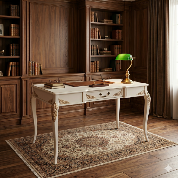 Mare Çalışma Masası – 23750 Kırık Beyaz Klasik Oymalı Ahşap Çekmeceli Çalışma Masası 110x70x80 cm