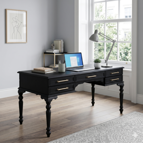 Mono Çalışma Masası Klasik Oymalı Ayaklı Siyah Ahşap Görünümlü 5 Çekmeceli Geniş Ofis ve Ev Çalışma Masası 180x78x80 cm