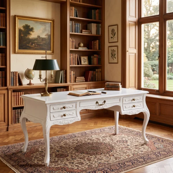 Vigo Kırık Beyaz Oymalı Klasik Ahşap Yönetici Çalışma Masası 180x75x79 cm