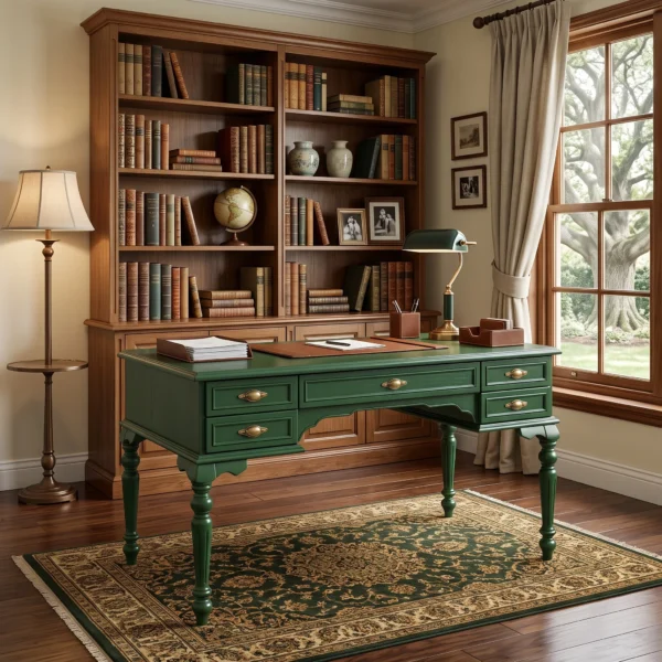 Lecce Çalışma Masası Koyu Yeşil Masif Ahşap Oymalı Ayaklı Klasik Tarz Çekmeceli Çalışma ve Ofis Masası 140x74x80 cm