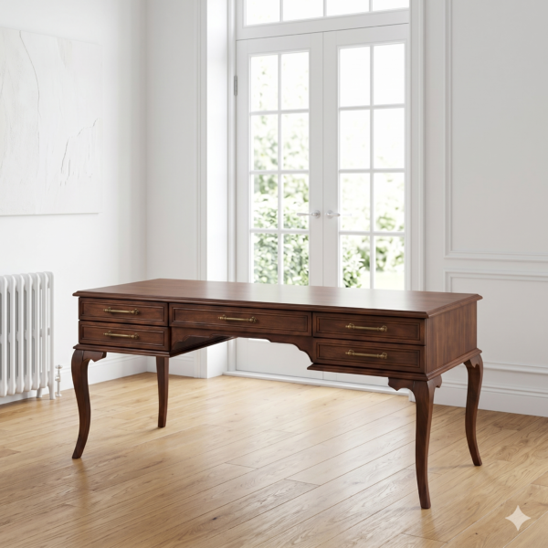 Sabino Çalışma Masası Klasik Oymalı Ayaklı 5 Çekmeceli Geniş Yüzeyli Masif Ahşap Ceviz Rengi Ofis ve Ev Çalışma Masası 180x78x80 cm