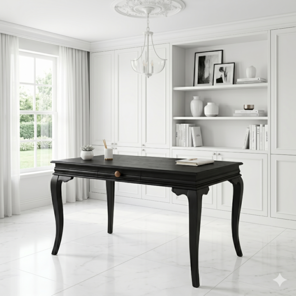 Verona Siyah Oymalı Klasik Ahşap Çekmeceli Çalışma Masası 125x80x78 cm